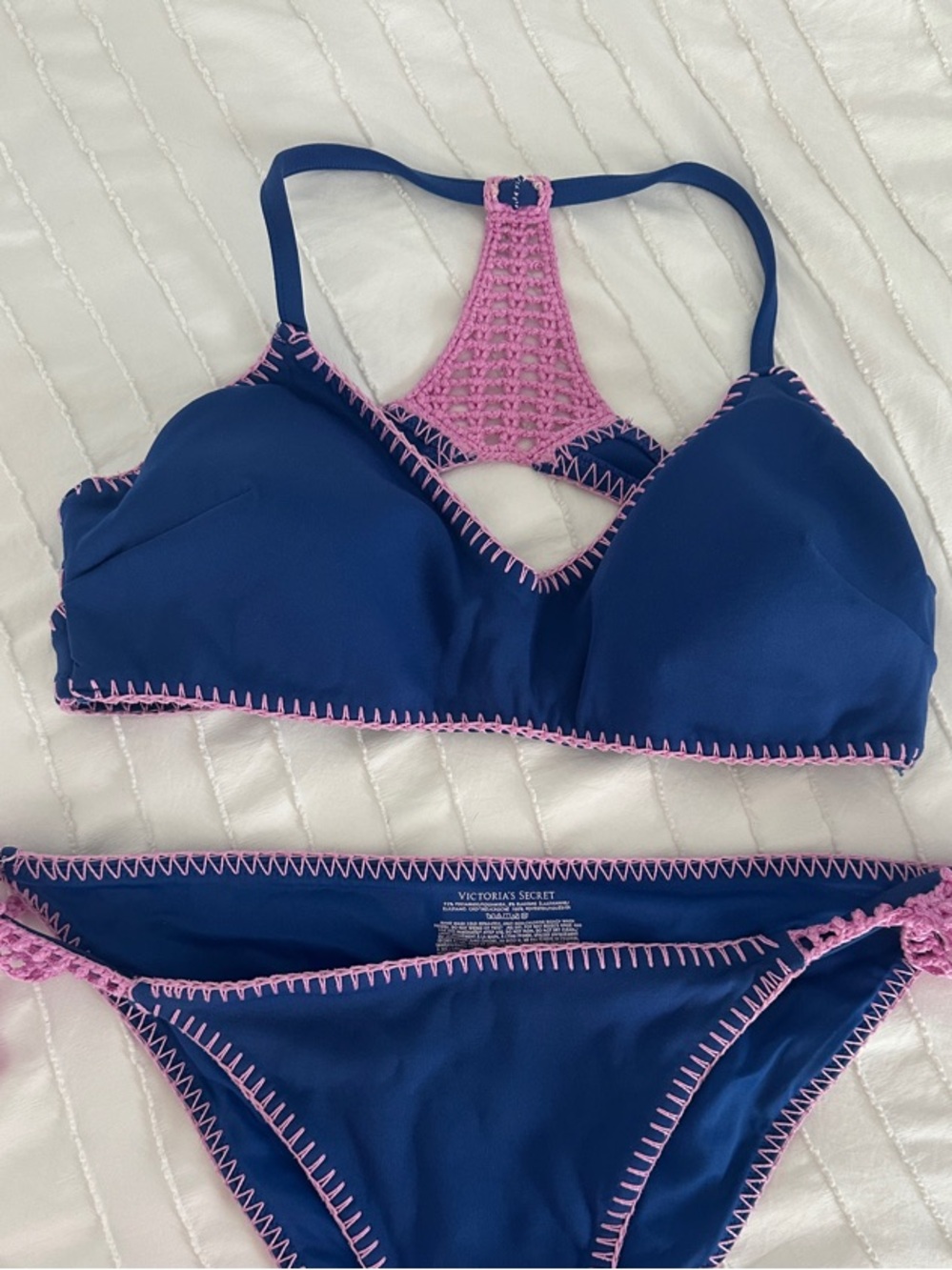 Victoria's Secret Navy Swim Bikini with Pink Crochet Trim